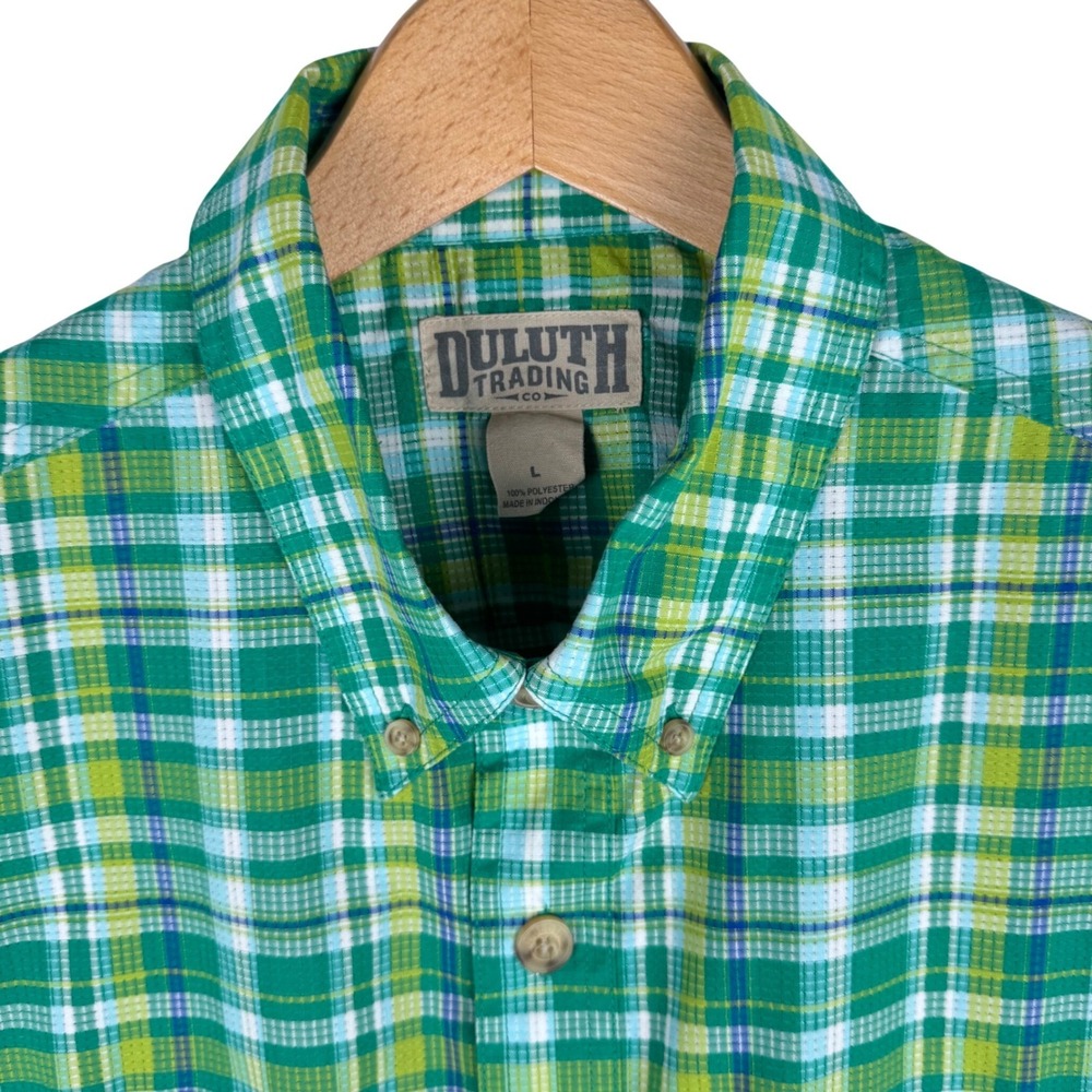 Duluth Trading Co Green Plaid Short Sleeve Button Down Shirt Mens Large
